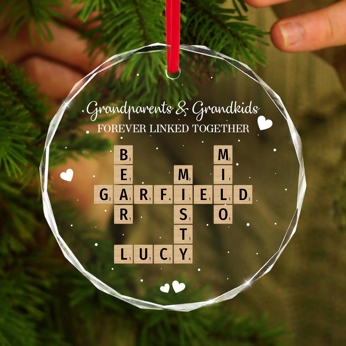 Grandpa Grandma Grandparents And Grandkids Forever Linked Together Crossword Puzzle Art Personalized Glass Ornament