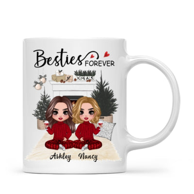 Christmas Doll Besties At Fireplace Personalized Mug