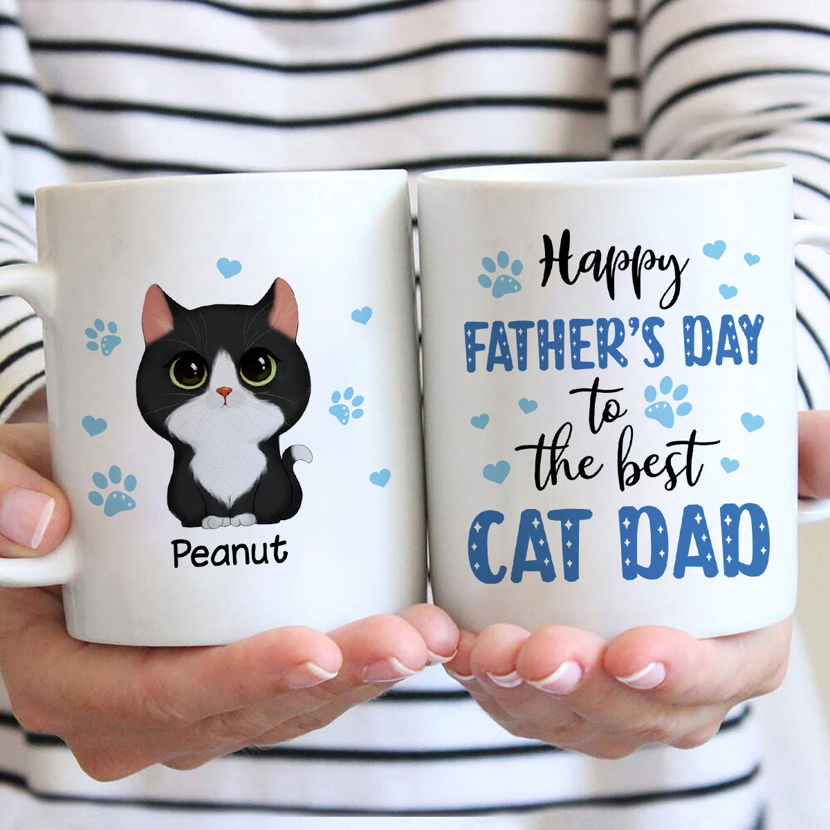 Blue Hearts Happy Father‘s Day To The Best Cat Dad Watercolor Cute Cats Personalized Mug