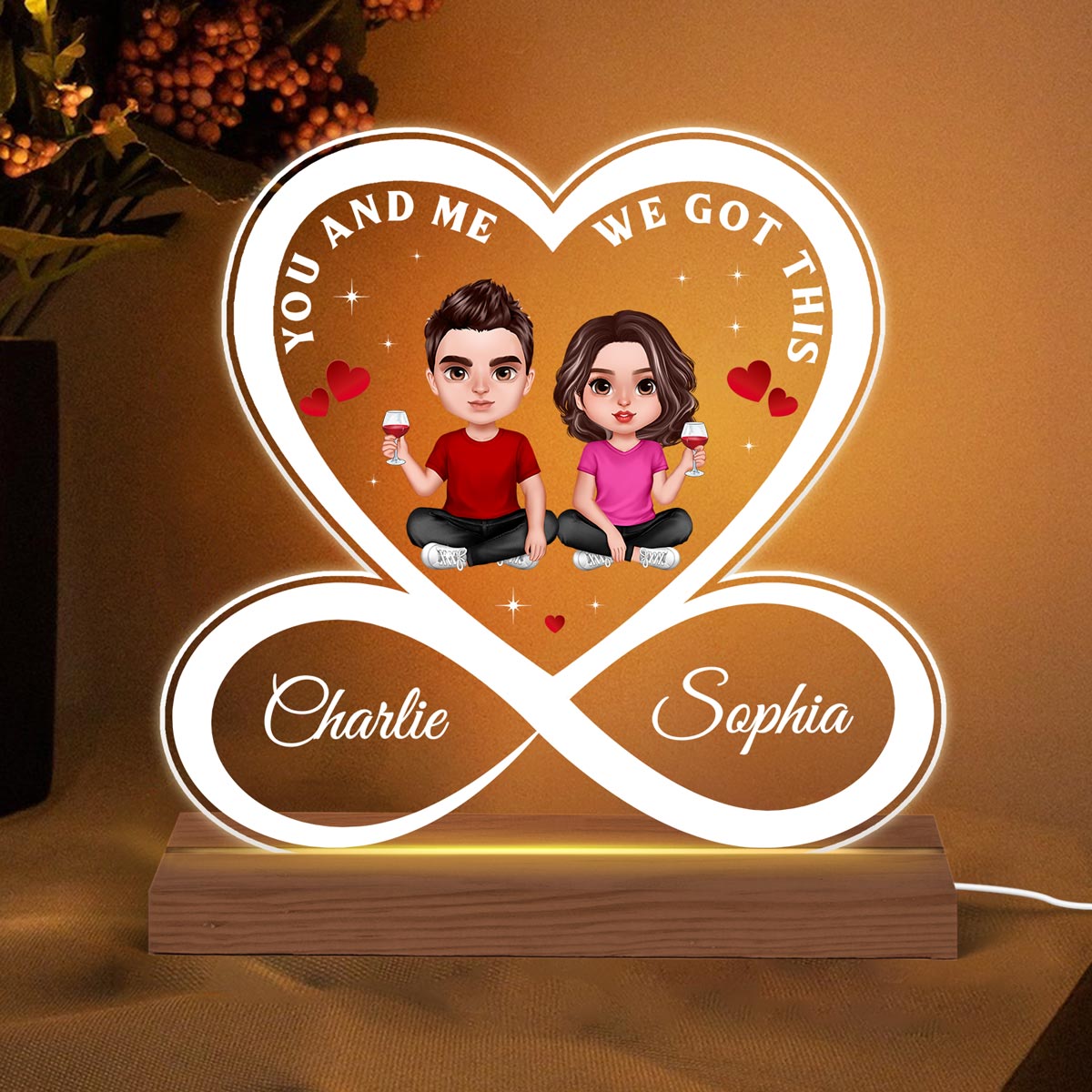 Infinity Heart Couple Doll Realistic Personalized Custom Shape Acrylic Plaque With LED Night Light - Anniversary Gift For Couple - Gift For Him Gift For Her