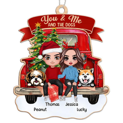 Couple And The Dogs On Christmas Truck Personalized Wooden Ornament
