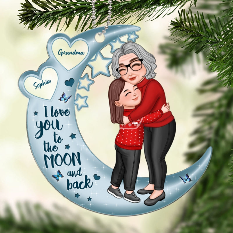 Grandma Hugging Grandson Granddaughter On Moon Hearts Personalized Acrylic Ornament