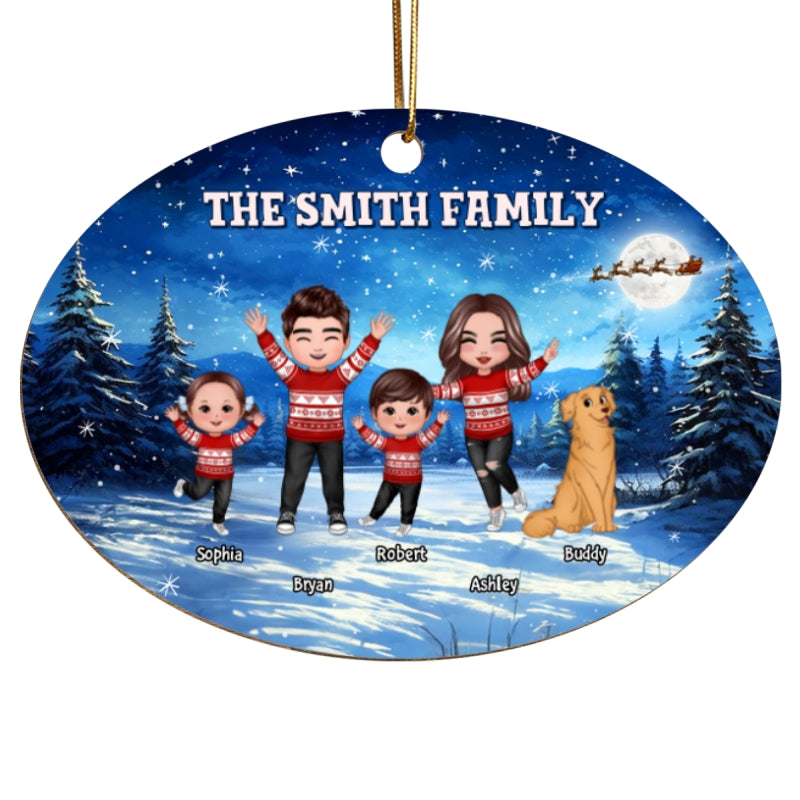 Happy Doll Family Dad Mom Kids Dogs Cats In Christmas Night Personalized Wooden Ornament