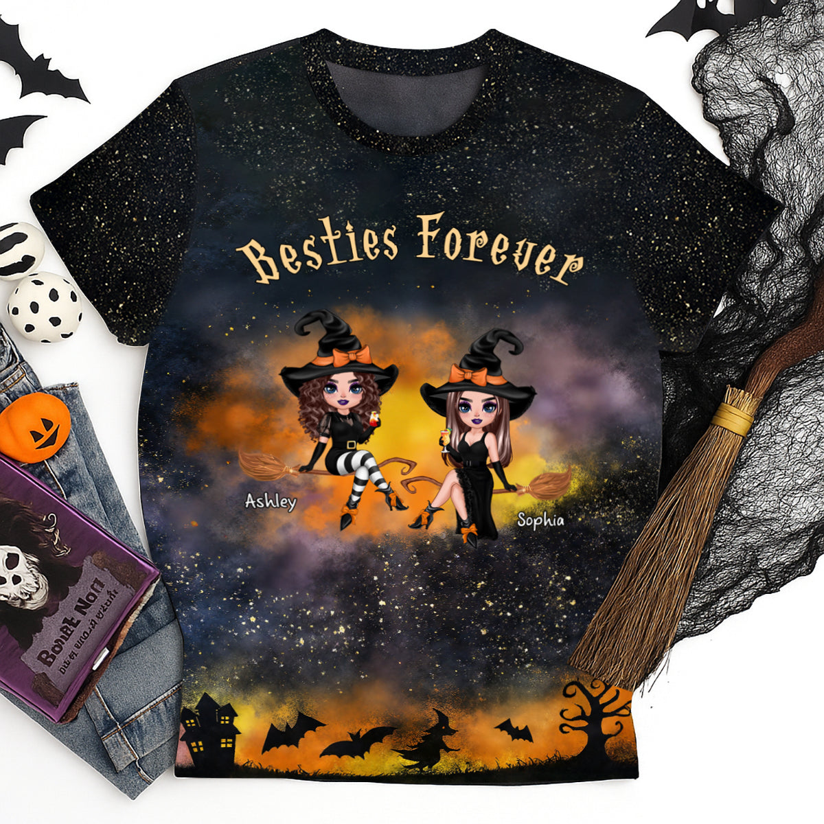 Pretty Witch Besties Witchy Ombre Tie-Dye Pattern Personalized Shirt, Perfect Halloween Matching Costume for Besties