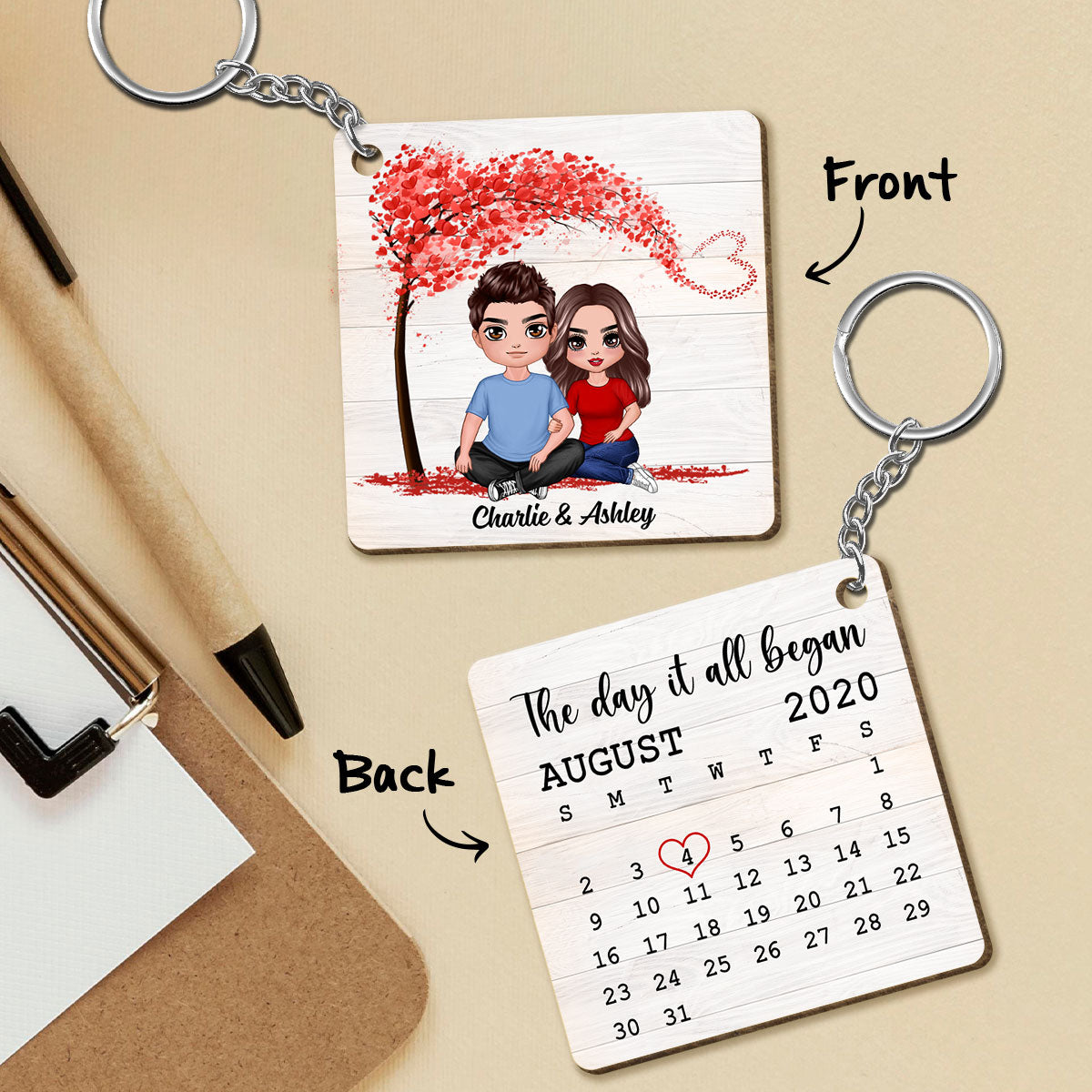 Doll Embracing Couple Sitting Under Tree Calendar Anniversary Date Personalized Wooden Keychain