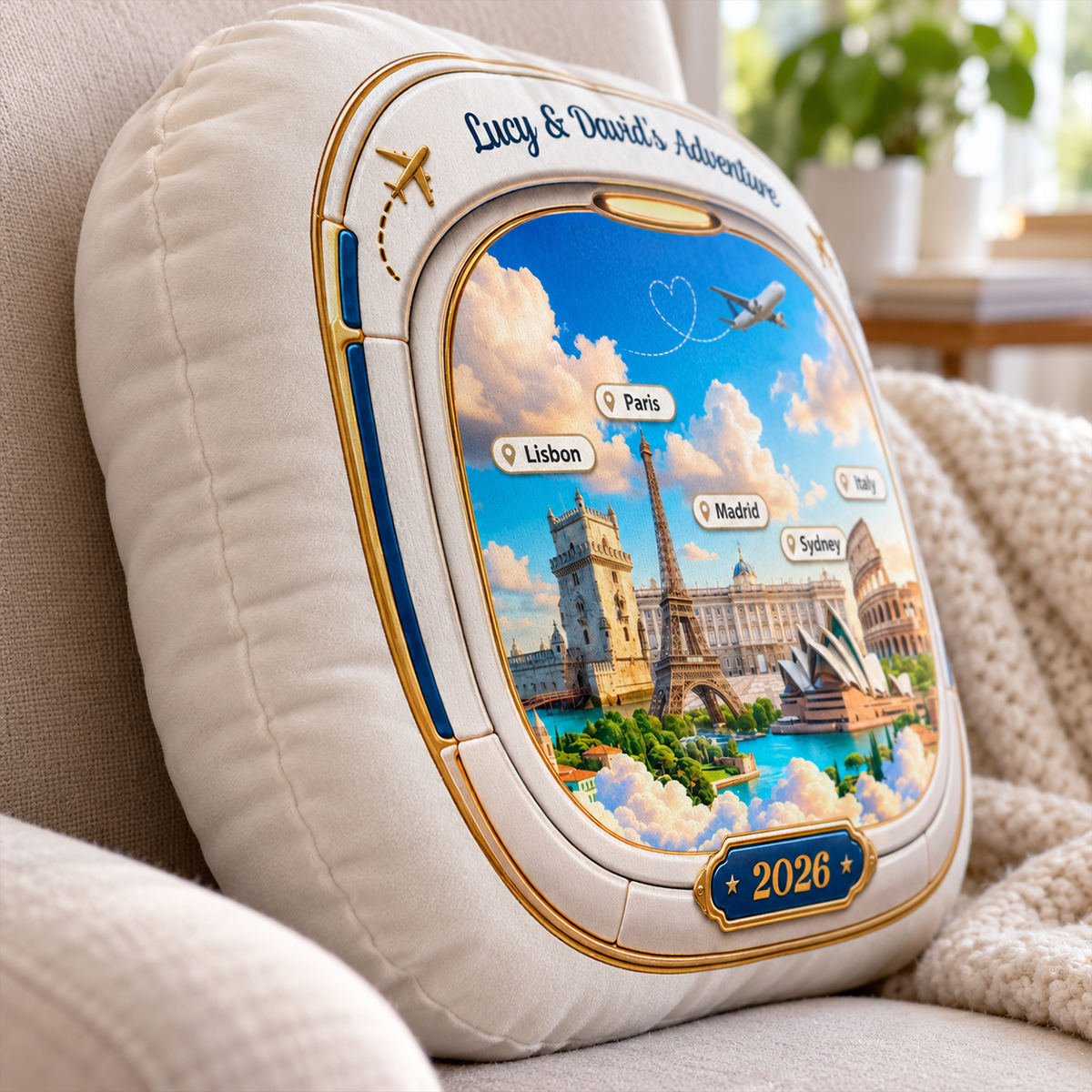 Travel Destination Landmarks From Airplane Window 2D Flat Printed - Personalized Pillow - Traveling Destination Keepsake, Gift For Traveling Lovers