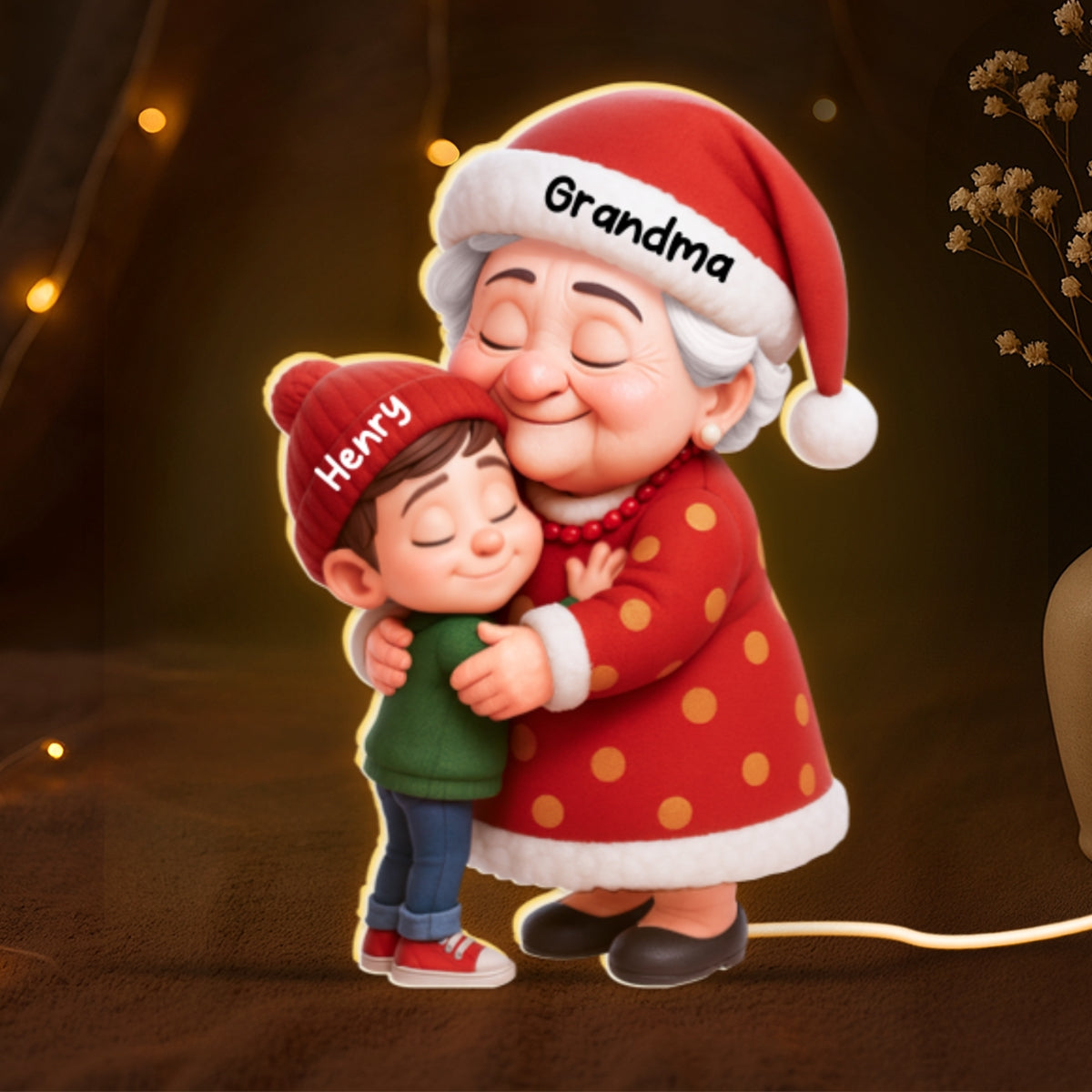 Cute Cartoon Grandma Hugging Grandkid - Personalized Light Box - Christmas Decor, Christmas Gift for Grandma