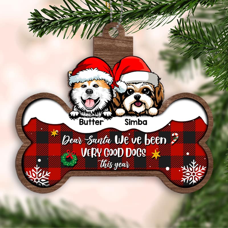 Peeking Dogs On Bone Personalized Wooden Ornament