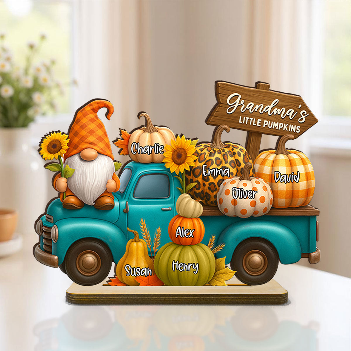Fall Gnomes Truck Grandma's Pumpkin Personalized Standing Wooden Plaque, Cozy Fall Decor for Grandma