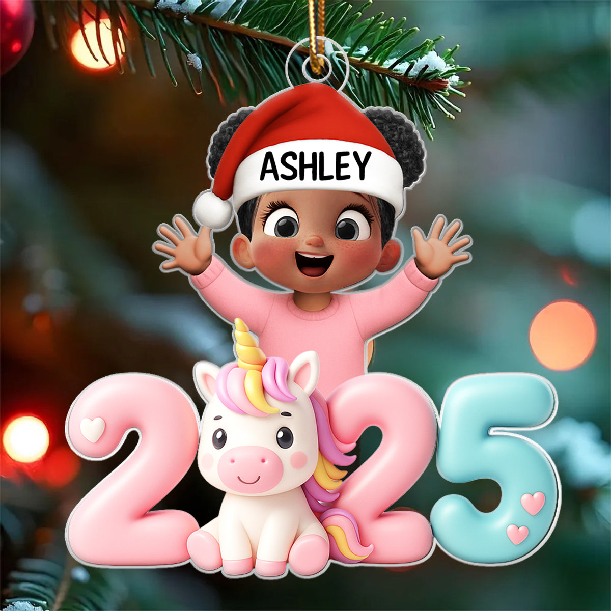 3D Effect Happy Kid With Unicorn Numbers - Personalized Acrylic Ornament - Christmas Gift For Kids, Grandkids, Granddaughter