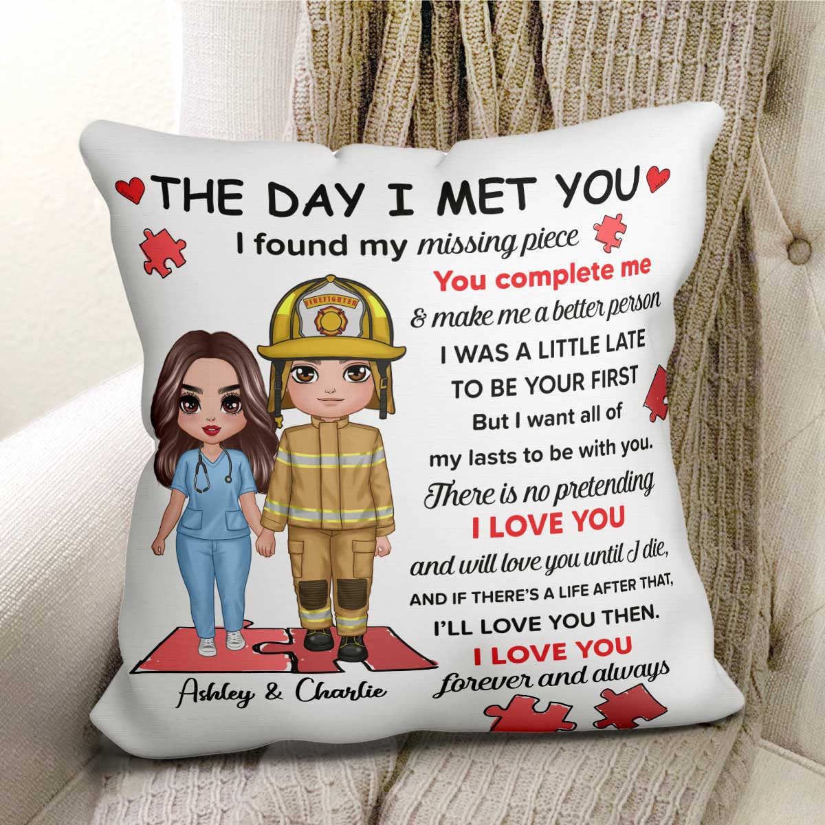 Found My Missing Piece Couple Standing Gifts by Occupation Gift For Her Gift For Him Firefighter, Nurse, Police Officer Personalized Pillow