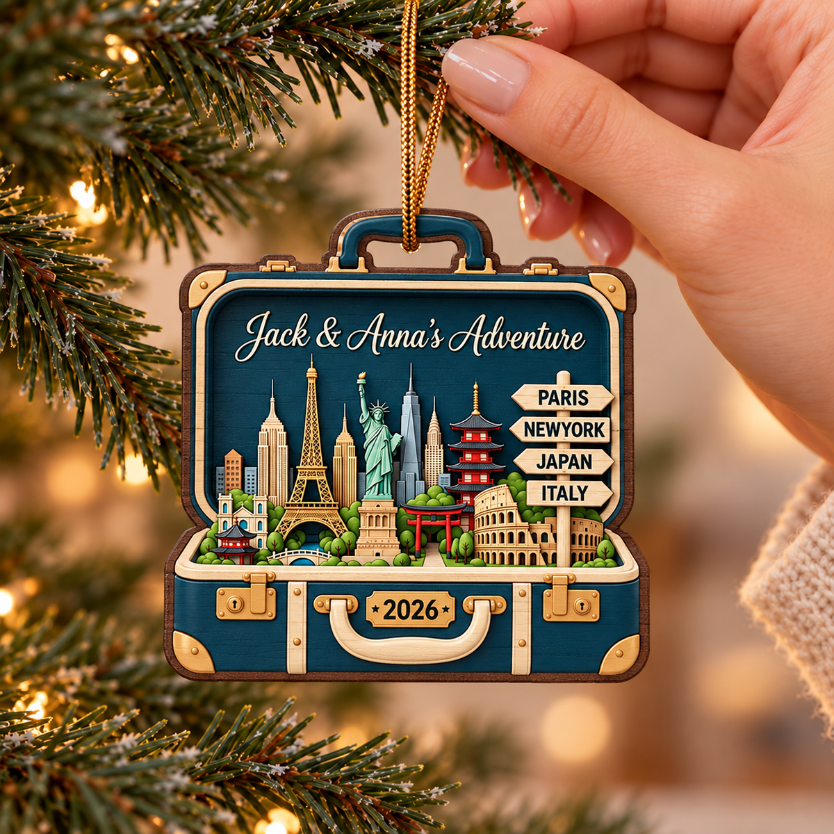 Custom Travel Adventure Suitcase 2D Flat Printed - Personalized Wooden Ornament - Traveling Destination Keepsake, Christmas Gift For Traveling Lovers