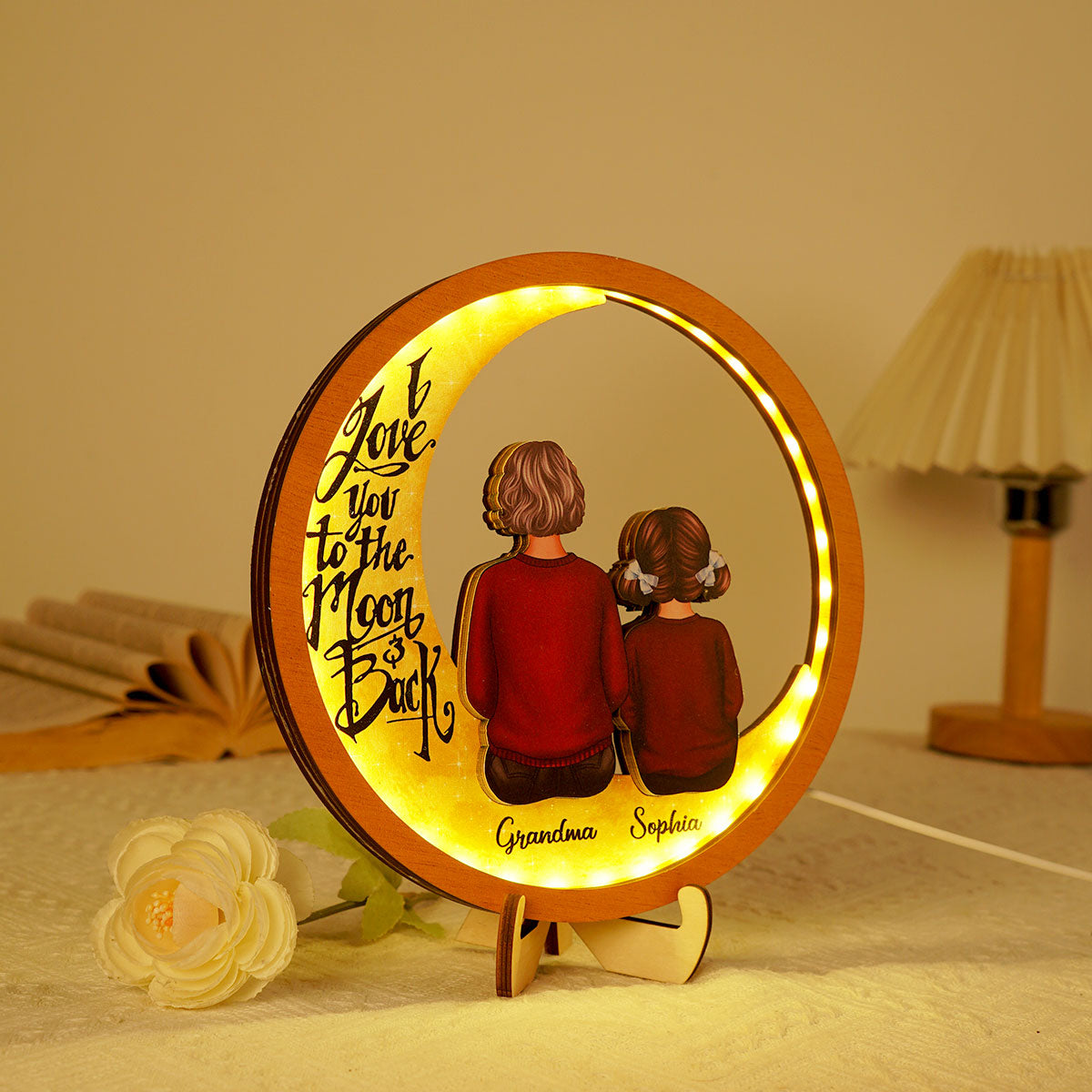 Grandma & Grandkids I Love You To The Moon And Back Personalized 2-Layered Wooden Frame With LED, Mother's Day gift for Grandma