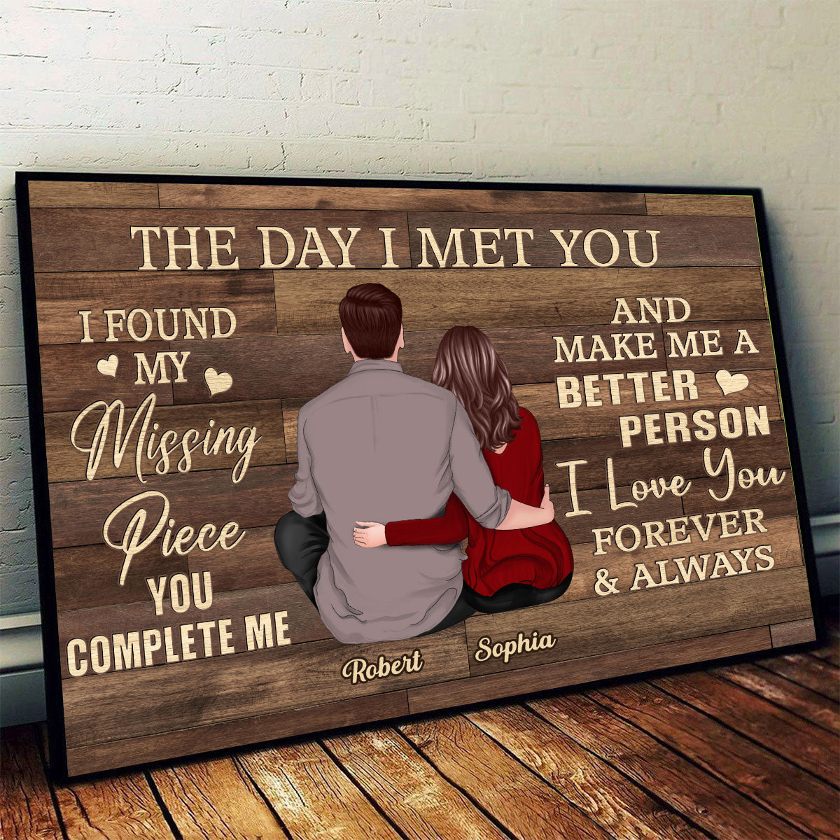 Found My Missing Piece Back View Couple Sitting Brown Palette Personalized Horizontal Poster