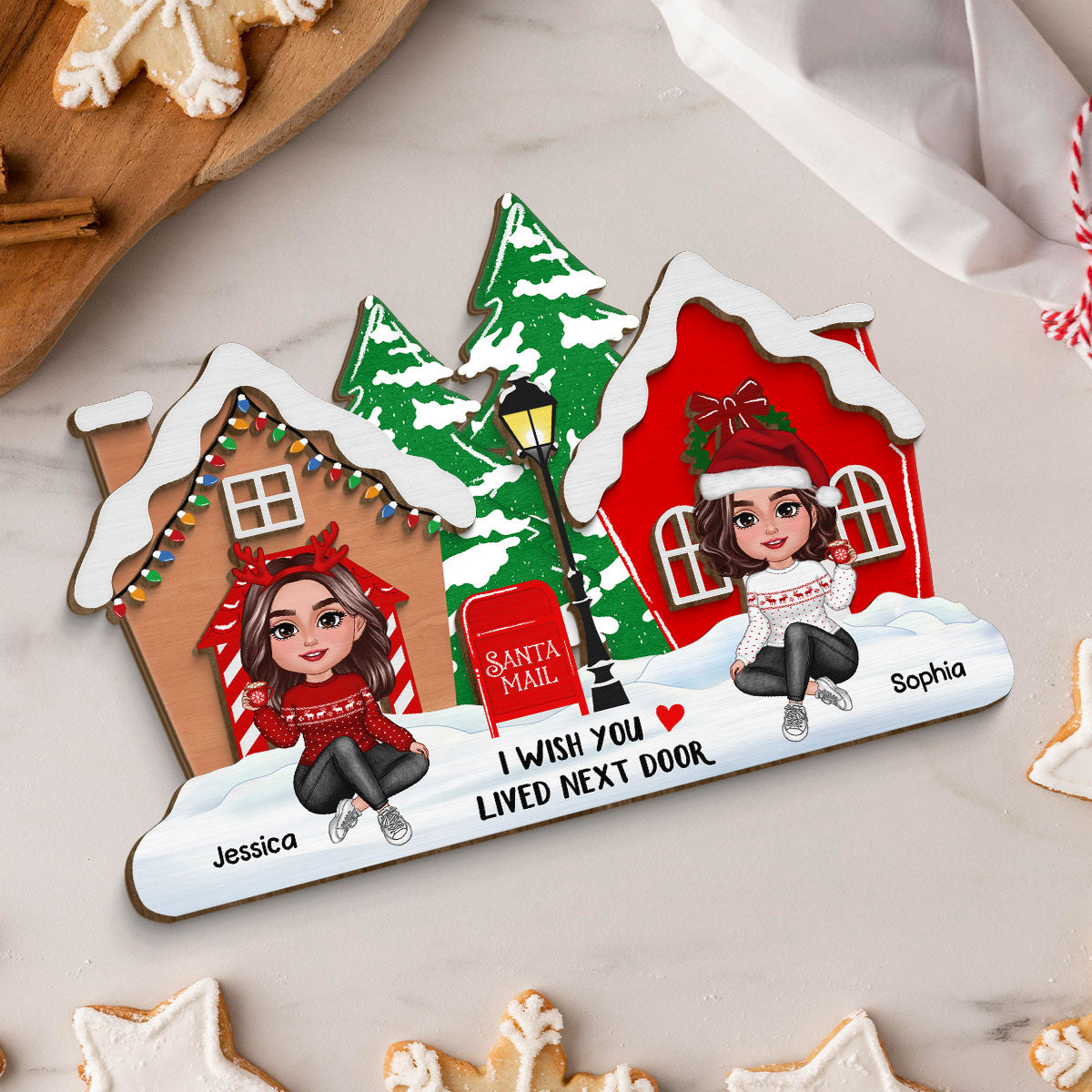 Wish You Lived Next Door Personalized 2-Layer Wooden Standing Plaque, Christmas Tiered Tray Decor