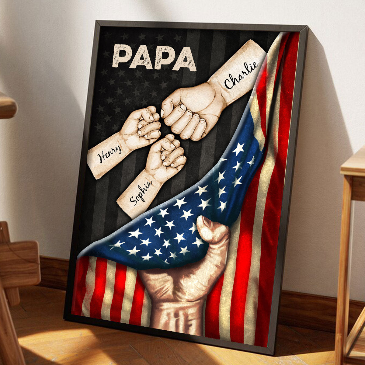 Daddy's Team Fist Bump Hand Pulling American Flag Personalized Poster, Father's Day Gift for Dad, for Grandpa, for Husband