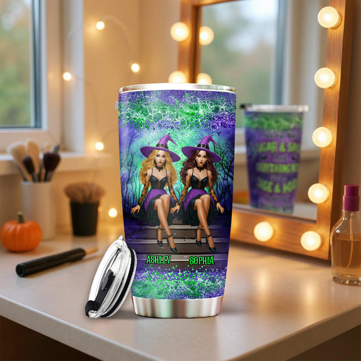 Personalized Witch Besties Tumbler – Sage & Hood, Not Sugar & Spice – Funny Halloween Gift for Best Friends