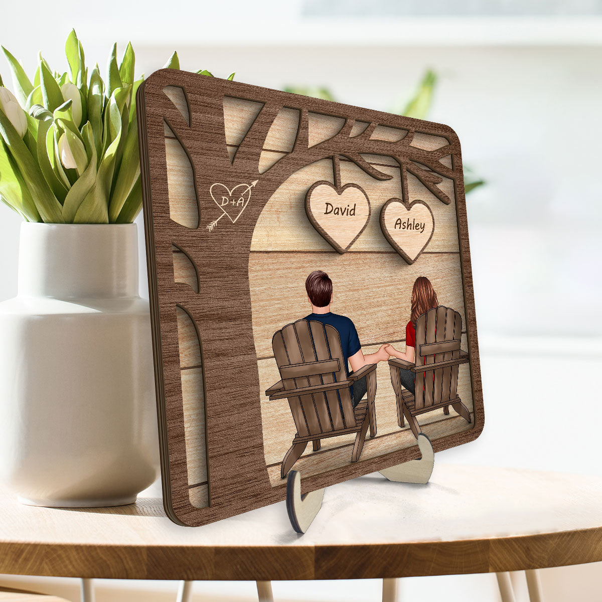 Back View Couple Sitting Under Tree Valentine‘s Gift For Him For Her Personalized 2-Layer Wooden Plaque