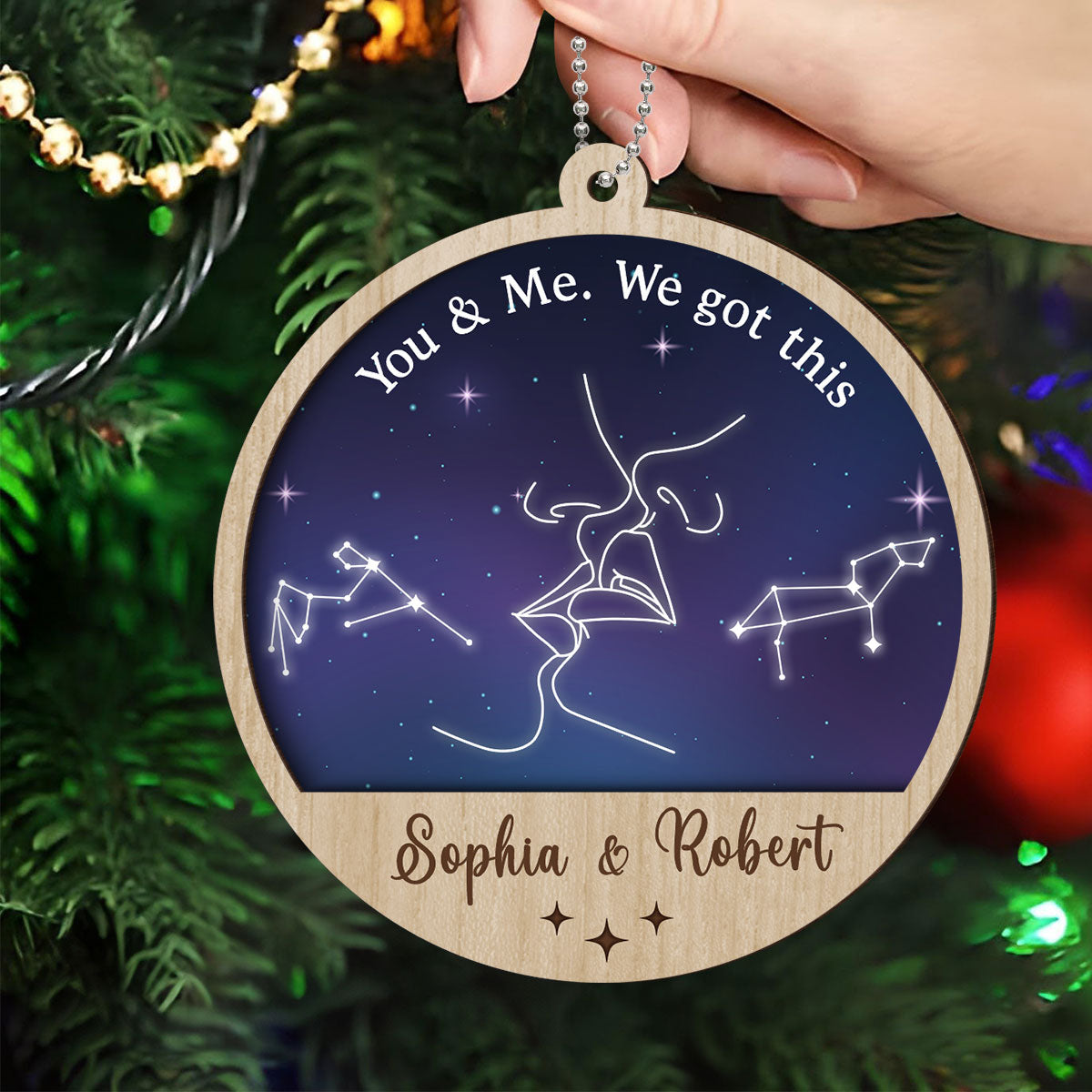 Couple Kissing Outline Zodiac Galaxy Sky Personalized 2-Layer Wooden Ornament
