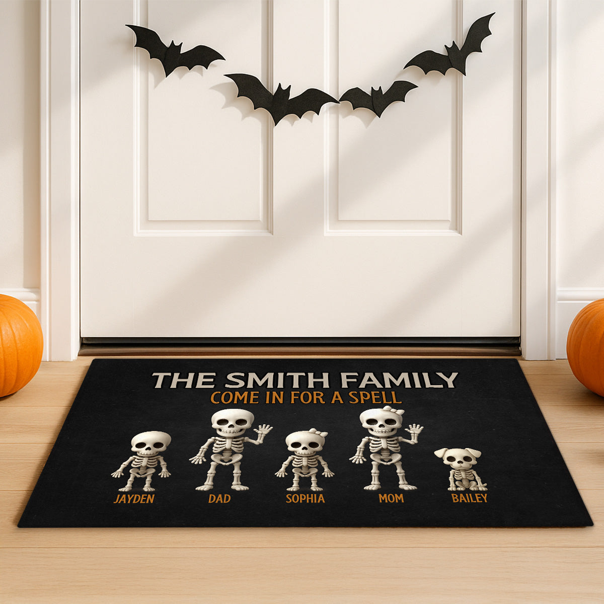 3D Effect Halloween Spooky Funny Skeleton Family - Personalized Doormat