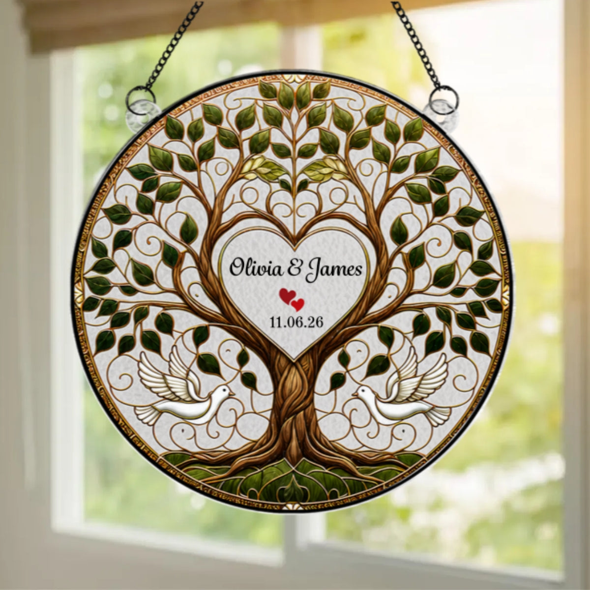 Wedding Tree Of Life With Doves - Personalized Acrylic Window Hanger - Wedding Keepsake, Anniversary Gift For Couples