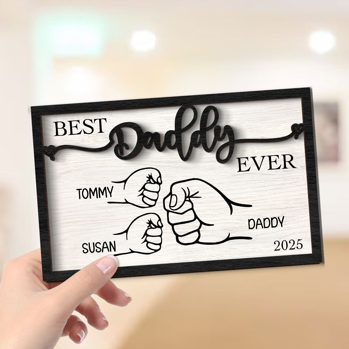 Personalized Father's Day Gift, Fist Bump Dad and Kids 2-Layer Wooden Plaque