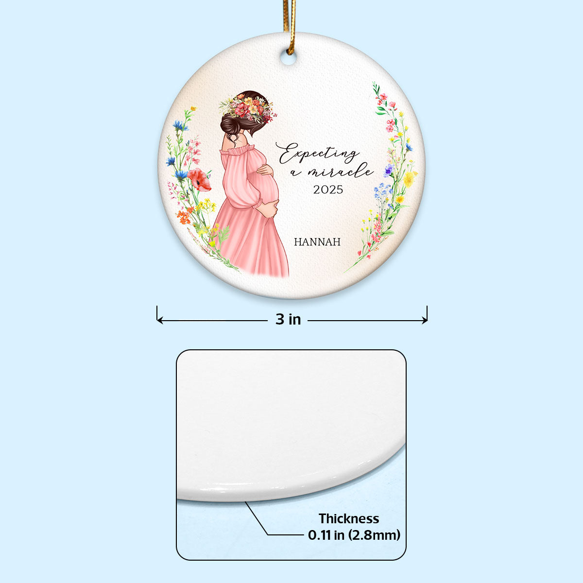 Pregnant Mom Watercolor Wildflowers, Baby Bump's First Christmas, Pregnancy Announcement Personalized Circle Ceramic Ornament