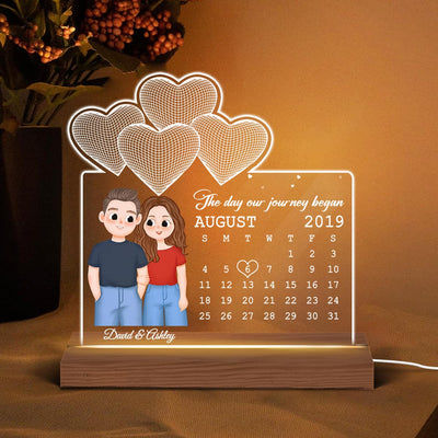 Cute Illustration Couple Under 3D Heart Calendar Anniversary Date Personalized Custom Shape Acrylic Plaque LED Night Light