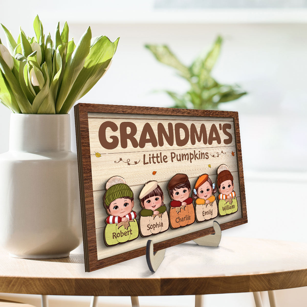 Cute Kids Grandma's Little Pumpkins Personalized 2 Layer Wooden Plaque