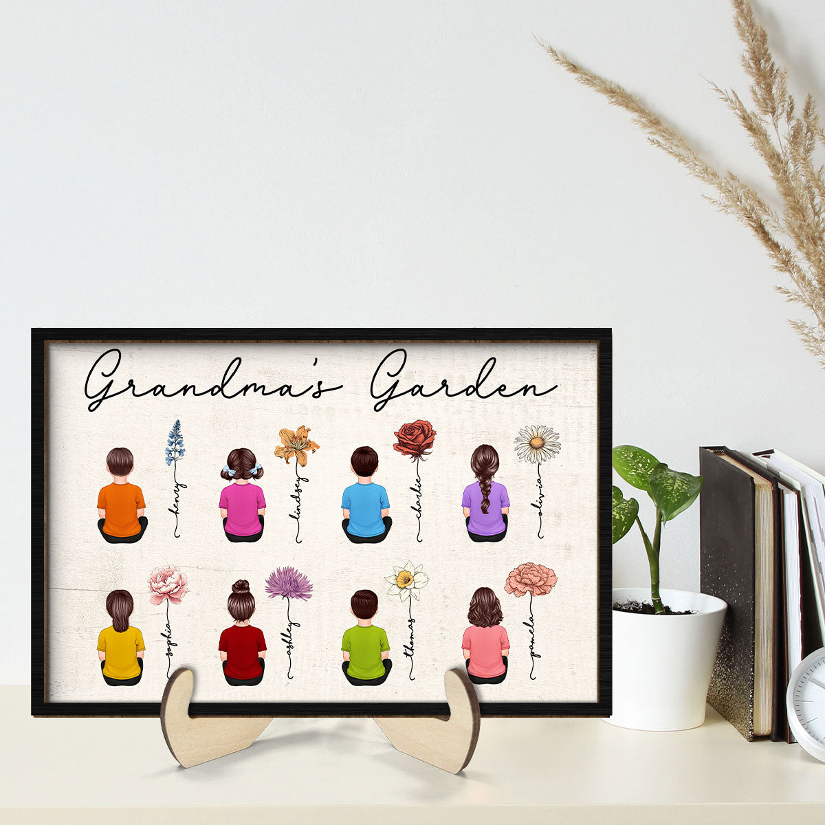 Grandkids Sitting Grandma Garden Vintage Birth Month Flowers Mother‘s Day Gift Personalized 2-Layer Wooden Plaque