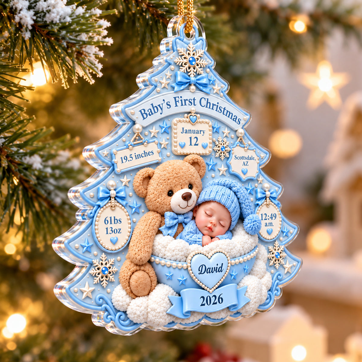 Baby's First Christmas Teddy Bear Tree - Personalized Acrylic Ornament – Custom Newborn Birth Stats Keepsake, First Christmas Gift for Baby Boy & Girl