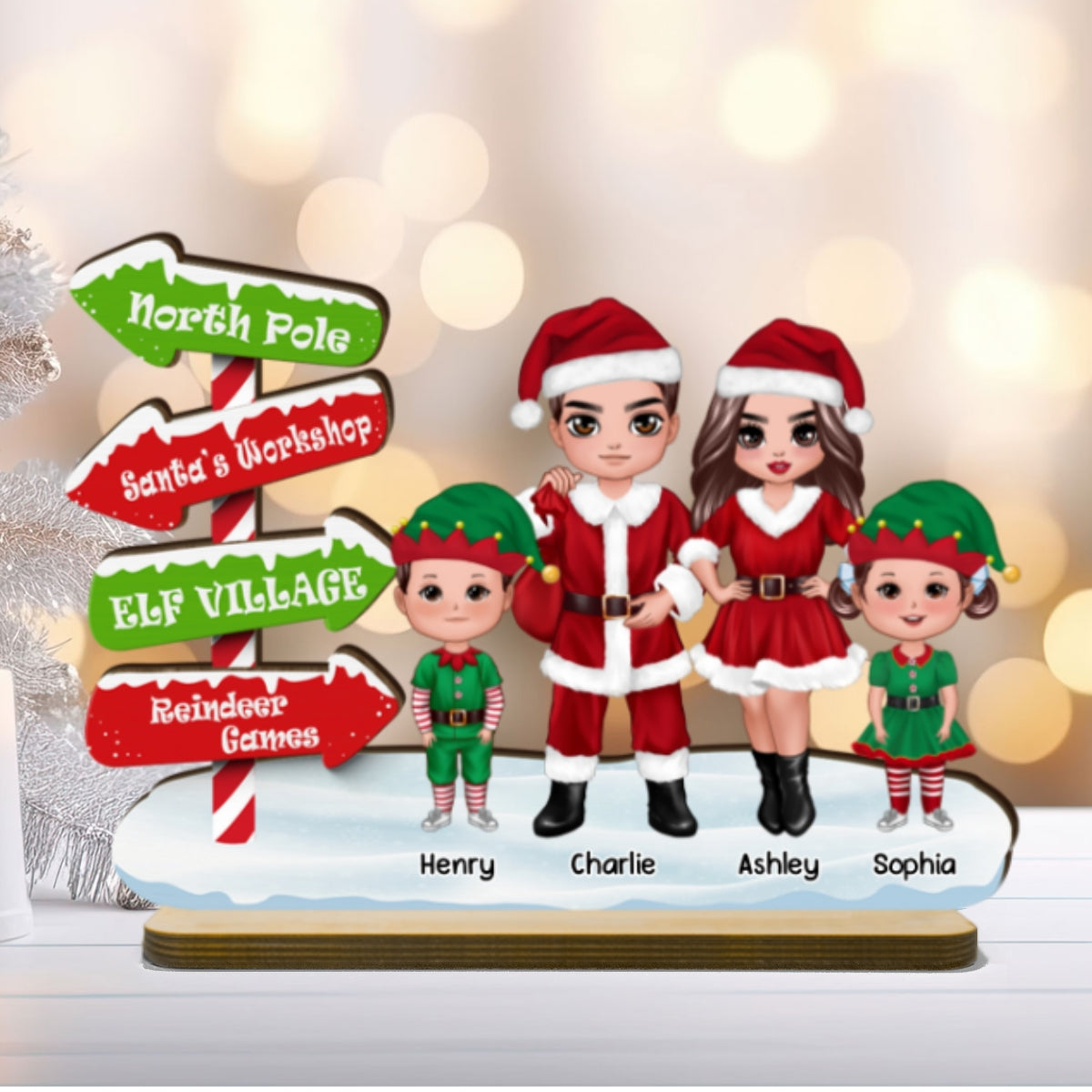 North Pole Sign Santa ELF Family Christmas Personalized 2-Layer Standing Wooden Plaque