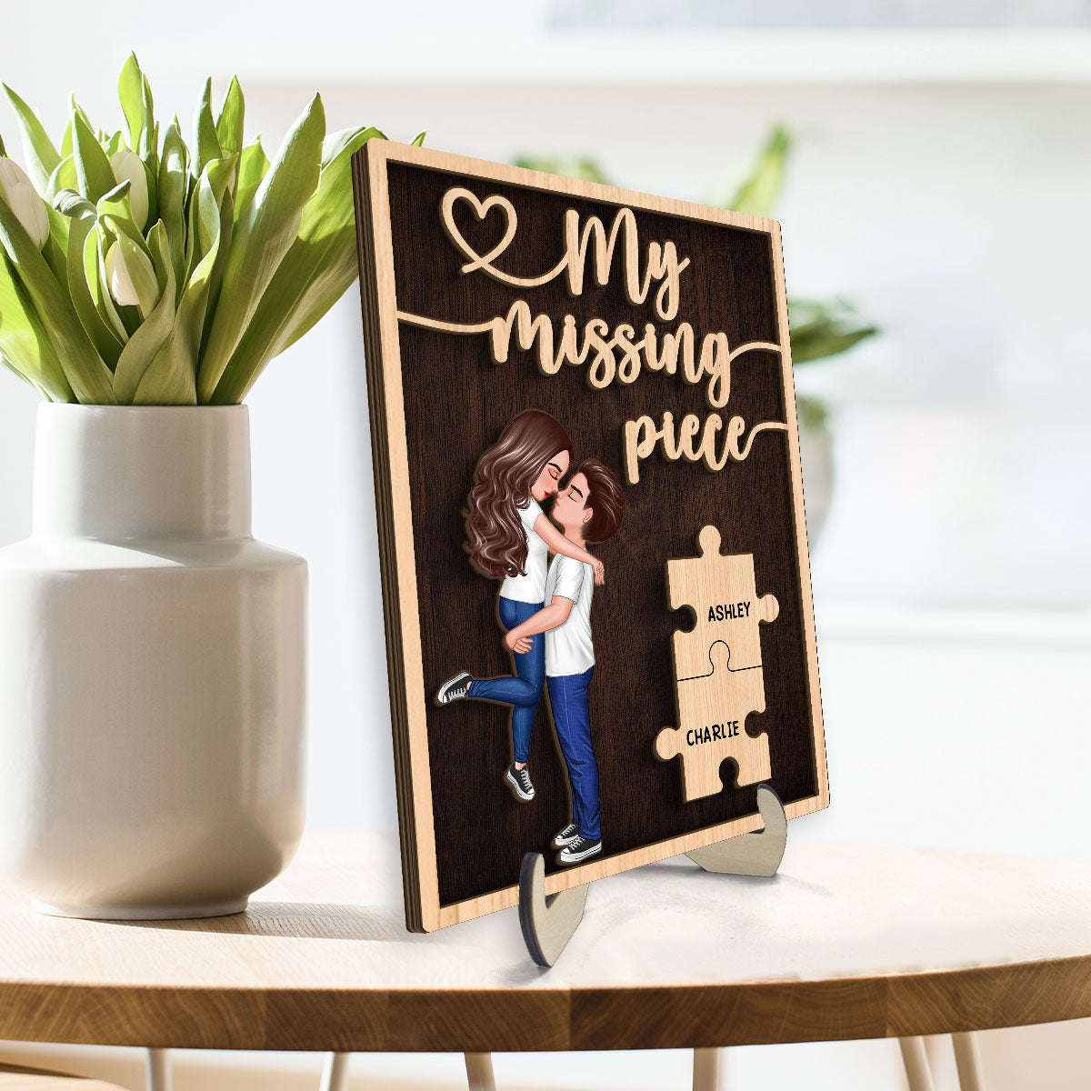 My Missing Piece Hugging Kissing Couple Dark Theme Valentine‘s Day Gift For Her Gift For Him Personalized 2-Layer Wooden Plaque