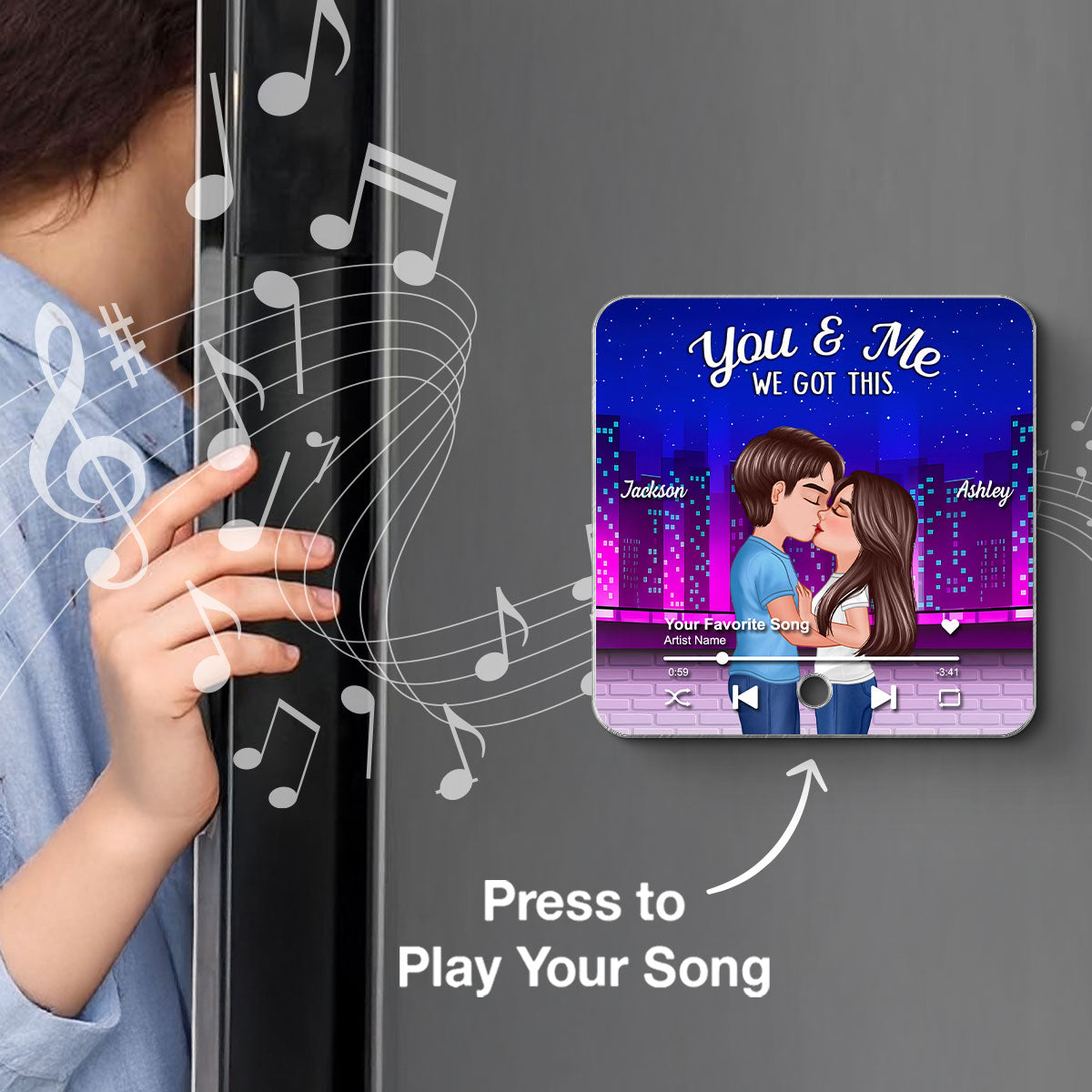 Couple Kissing Neon City Night Skyline Personalized Music Magnet, Anniversary gift for him, for her