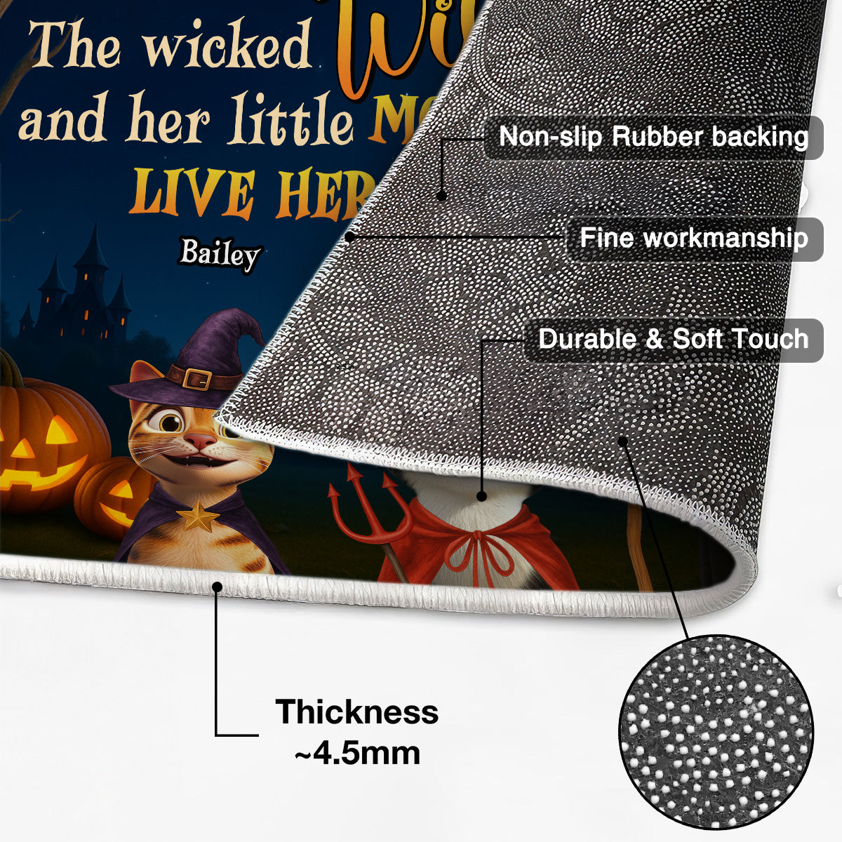 Spooky Halloween Theme Wicked Witch And Monsters Cats Personalized Doormat