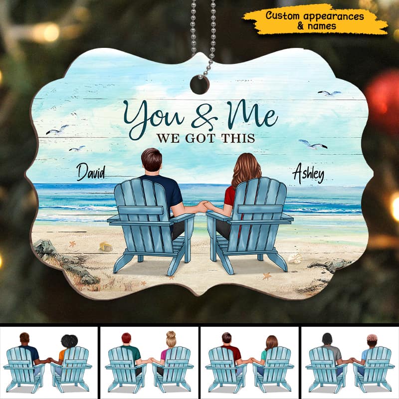 Back View Couple Sitting Beach Landscape Personalized Wooden Ornament