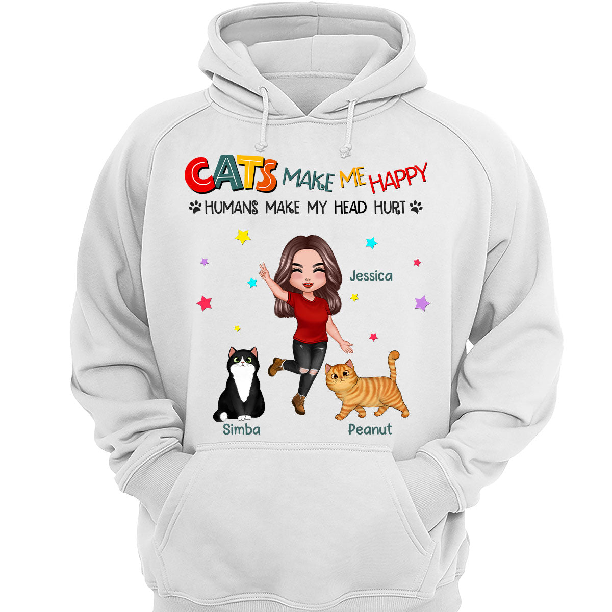 Cats Make Me Happy Fluffy Cat & Doll Girl Personalized Shirt