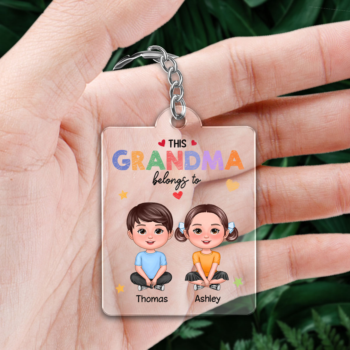 This Grandma Mom Belongs To Crayon Pattern Personalized Acrylic Keychain