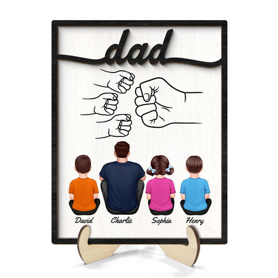 Dad And Kids Fist Bump Personalized 2-Layer Wooden Plaque