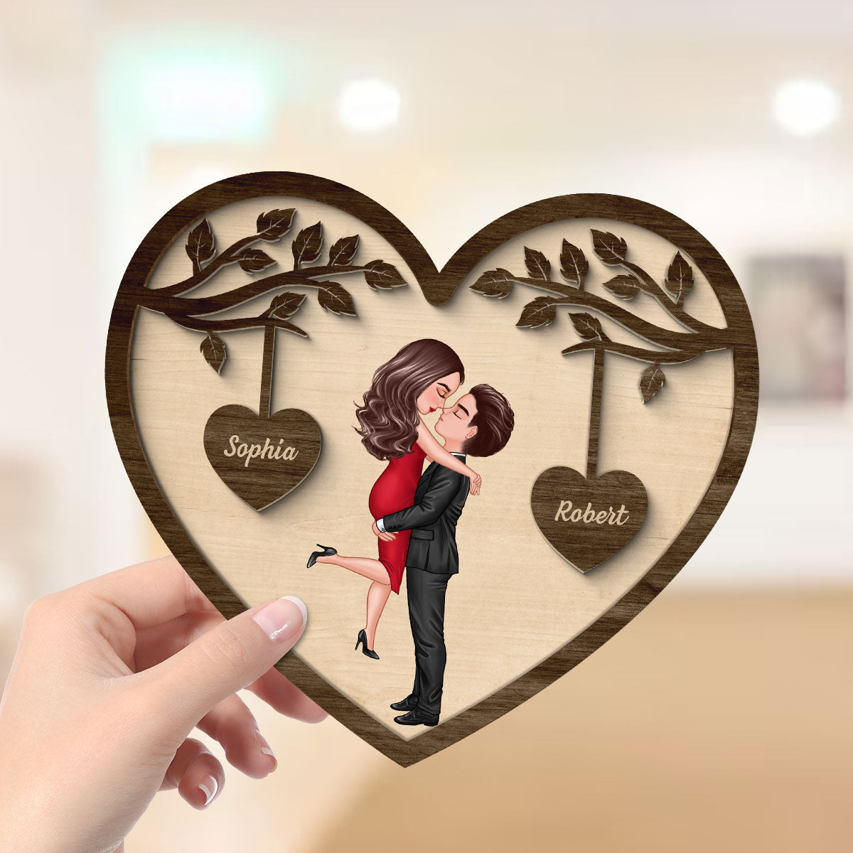 Couple Kissing Under Tree Valentine‘s Day Gift For Him Gift For Her Heart Shaped Personalized 2-Layer Wooden Plaque