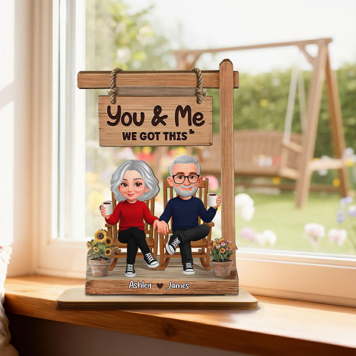 3D Effect Old Couple Sitting Together - Personalized 2-Layered Wooden Plaque - Anniversary, Valentine's Day Gift For Him, Gift For Her