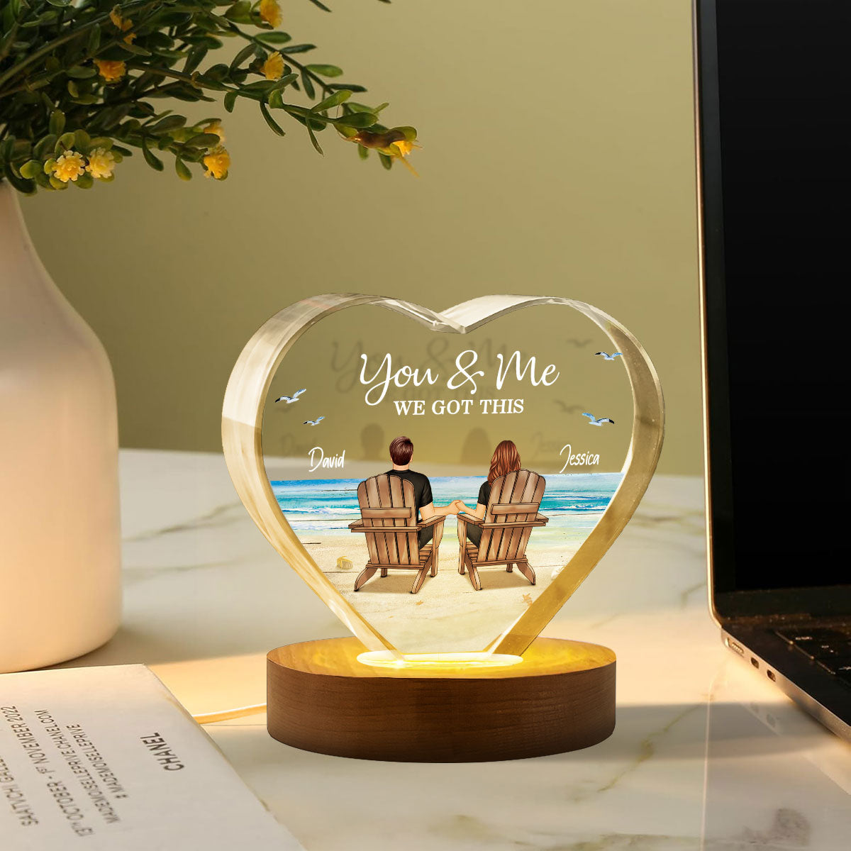 Couple Sitting At Beach Personalized Premium Crystal Heart LED, A Timeless Treasure Full of Emotion