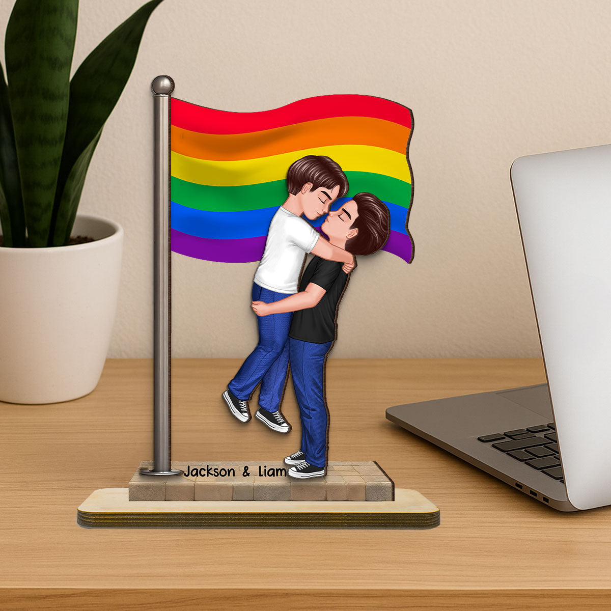 Hugging Flag LGBT Couple Hugging Kissing Flag Personalized 2-Layered Standing Woode ...