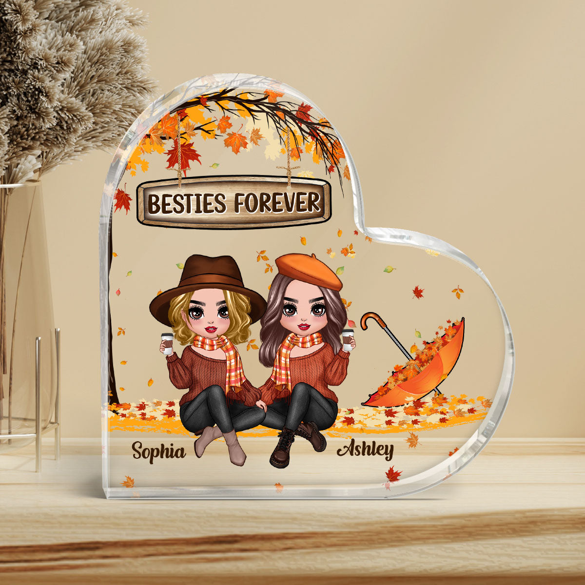Fall Season Best Friends Sisters Under Tree Personalized Heart Acrylic Plaque