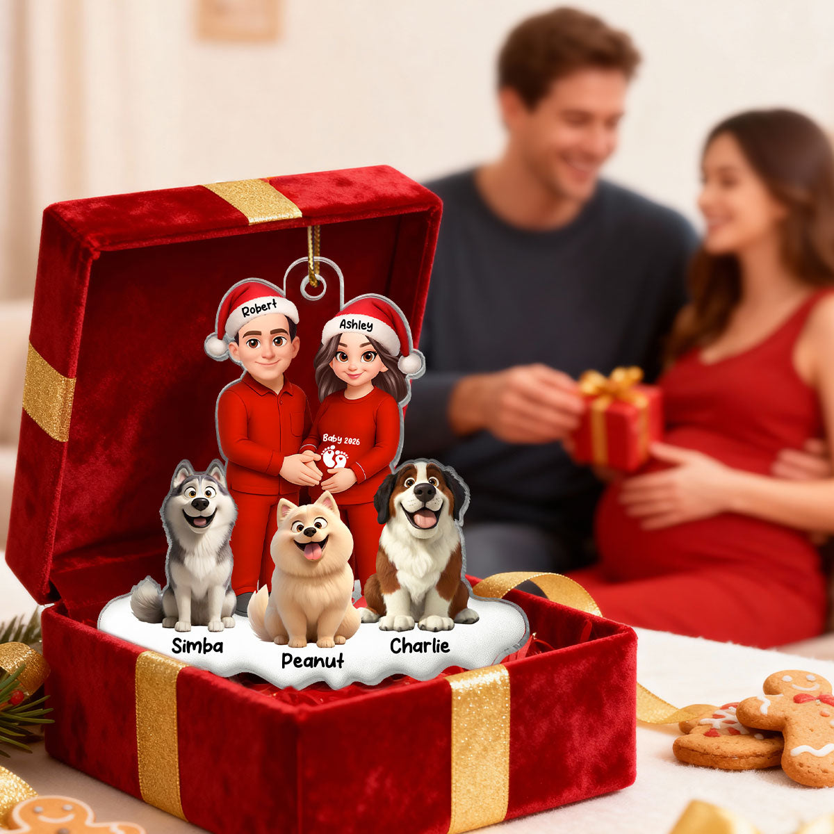 Expecting Parents Christmas Pregnancy Baby Arriving With Dogs - Personalized Acrylic Ornament