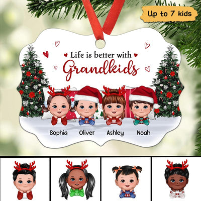 Grandkids Chin On Hands Lying Next To Christmas Tree Personalized Christmas Ornament