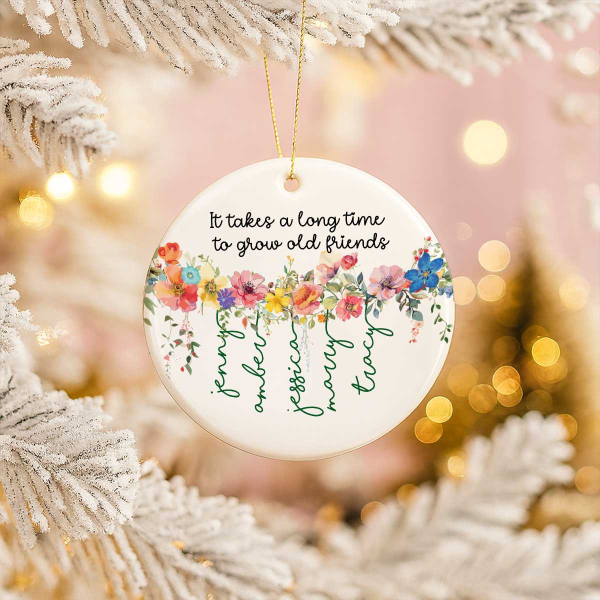 Grow Old Friends Vine Flowers Personalized Circle Ceramic Ornament, Gift for Besties, Best Friends