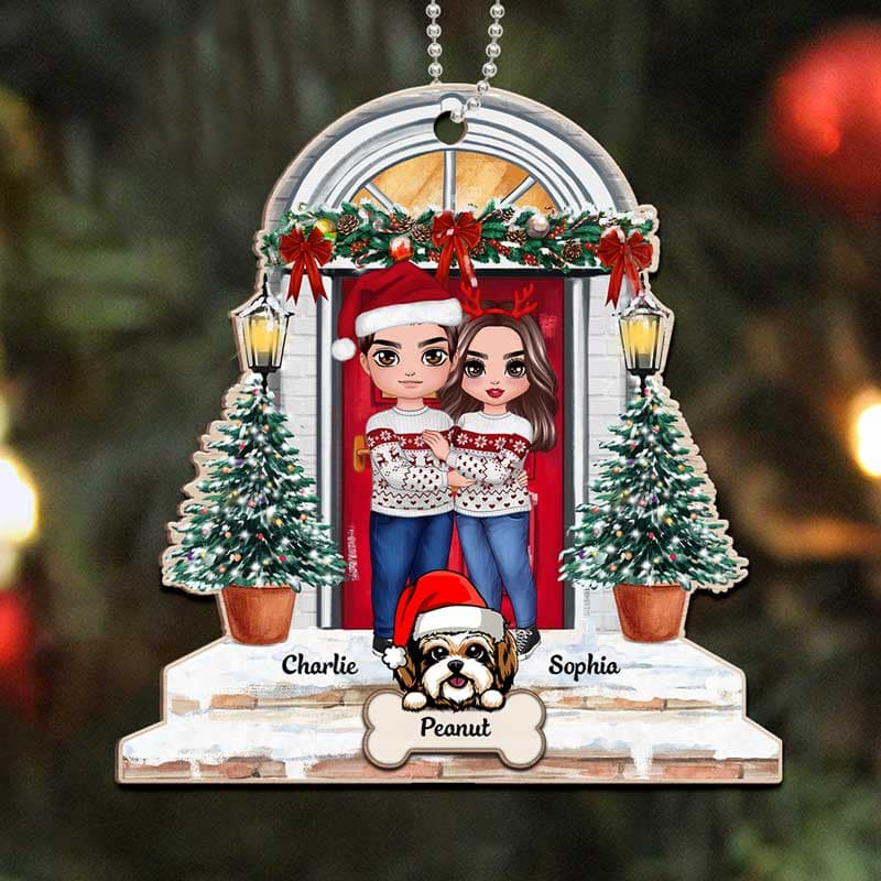Doll Couple And Dogs Standing On The Front Porch Personalized Wooden Ornament