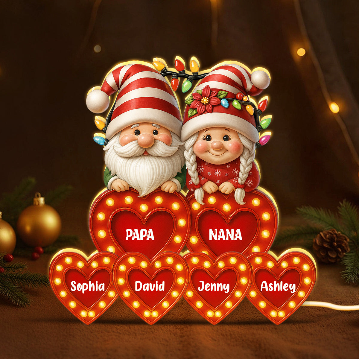 Holiday Gnomes Grandparents Grandkids Names Personalized Light Box, Christmas Decor for Grandma, Grandpa