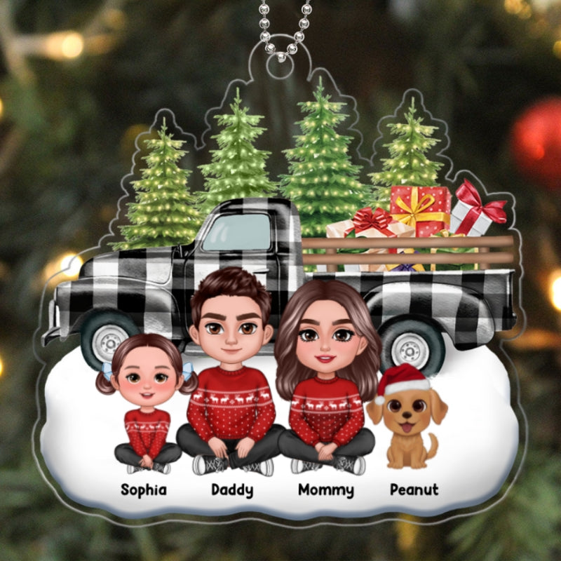 Buffalo Plaid Christmas Truck Family Dad Mom Kids Dogs Cats Crossed Legs Sitting Personalized Acrylic Ornament